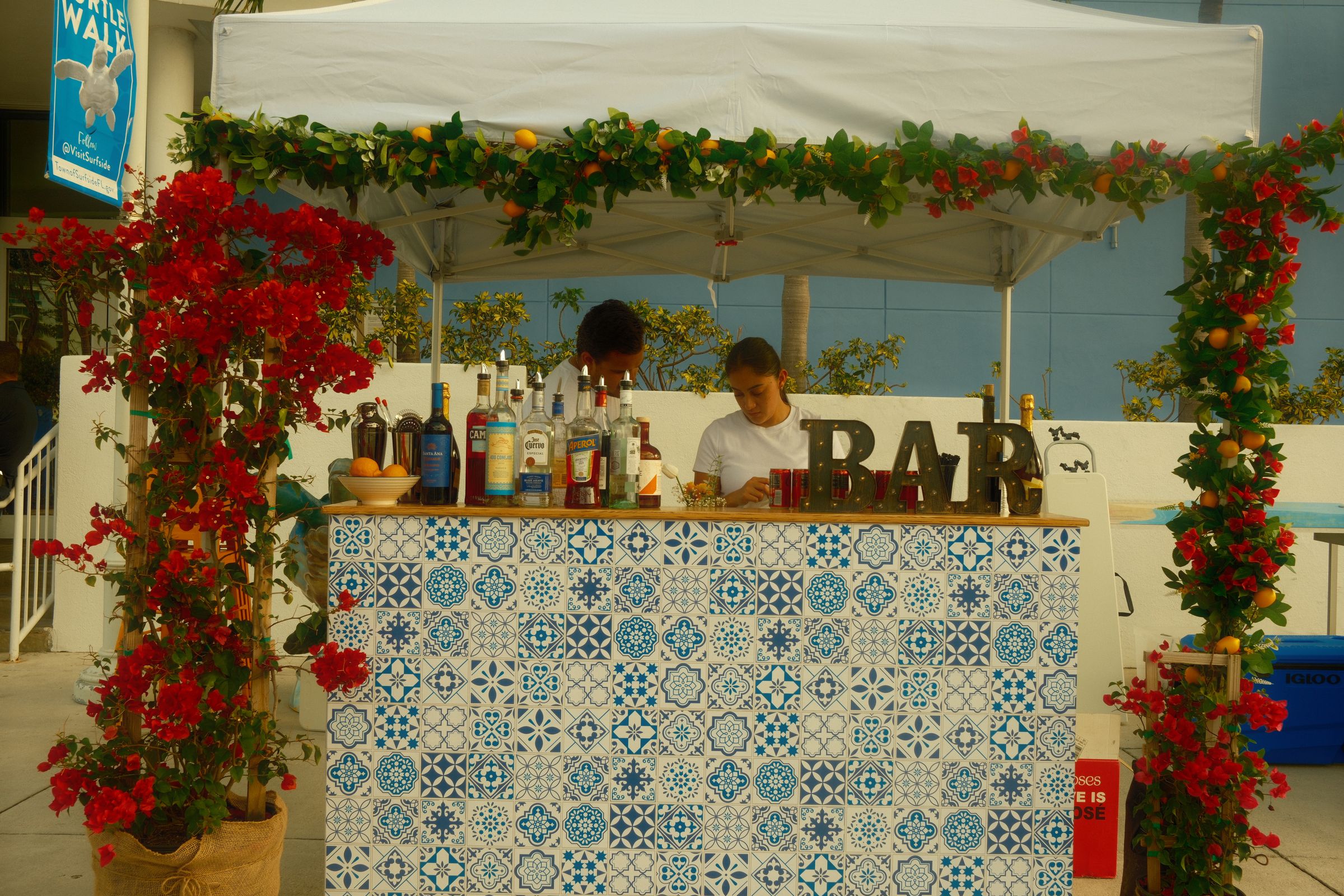 Tiled bar framed in bougainvillea at A Night in Italy